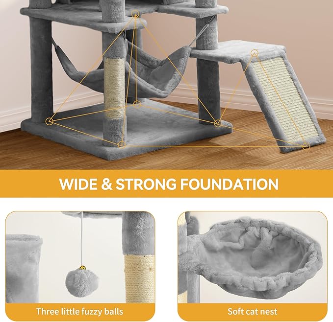 YITAHOME 75-Inch Tall Cat Tree Indoor: Multi-Level Kitten Tower with Kitty Condos, Top Perches, Sisal Ramp, Scratching Posts & Cozy Basket Hammocks Pet Play House Light Gray