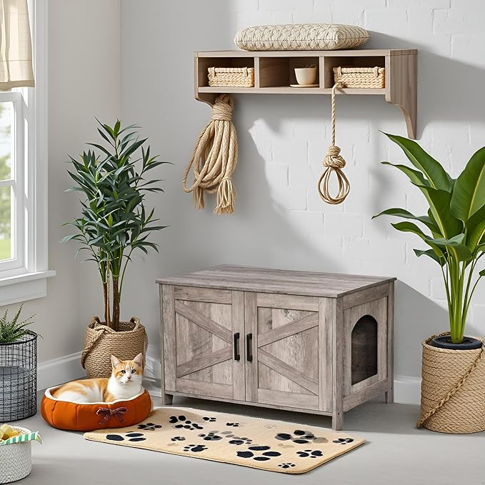 Homhedy Cat Litter Box Enclosure, Wooden Cat Washroom Furniture with Barn Door, Pet House, Fit Most of Litter Box, Greige