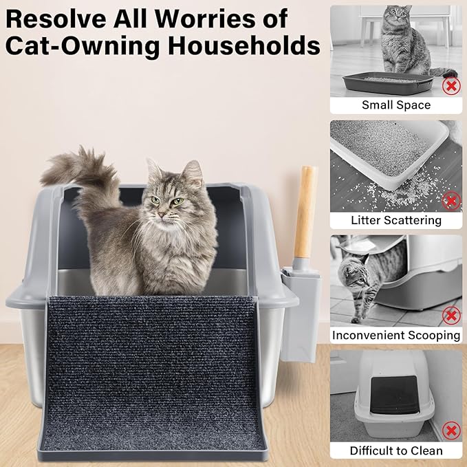 XL Stainless Steel Litter Box with Lid, 24"x16"x12" Extra Large Cat Litter Box High Sides with Ladder, Anti-Urine Leakage Metal Litterbox for Senior Elderly Cats, Never Absorbs Odors, Non-Stick
