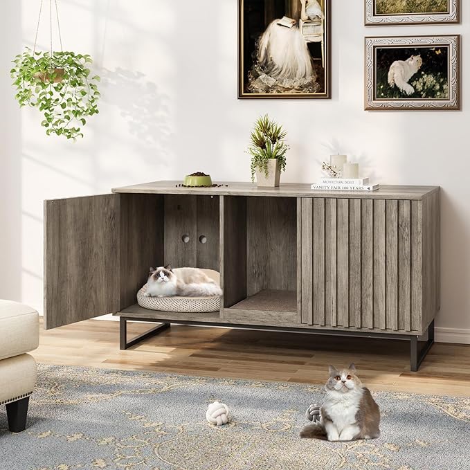 Cat Litter Box Enclosure for 2 Cats, 47.6’’ Litter Box Furniture Hidden with Scratch Pad, Double Room Large Cat Cabinet, Indoor Pet House TV Stand Side Table,Washroom,Grey