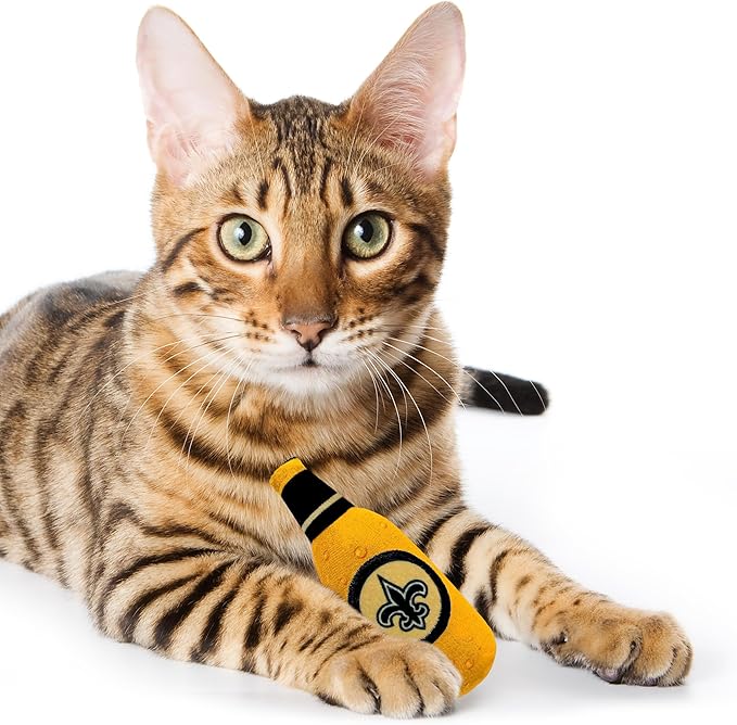 BEST PLUSH CAT TOY: NFL NEW ORLEANS SAINTS Complete Set of 3 piece Cat Toys filled with Fresh Catnip. Includes: 1 Helmet Cat Toy, 1 Football Cat Toy with Feathers & 1 Beer Bottle. Beautiful Team LOGOS