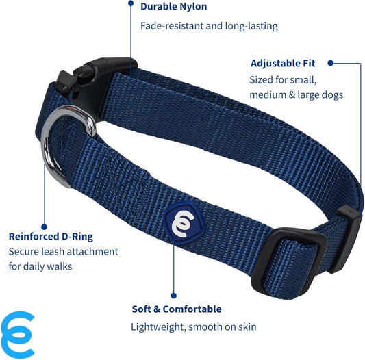 Blueberry Pet Essentials Medium Dog Collar in True Navy | Adjustable & Eco-Friendly Durable Nylon Strap | Classic Collar for Medium Dogs, Boy & Girl Pets