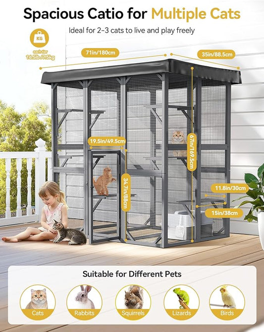 Catio Outdoor Cat Enclosure, 71" Large Cat House for Multiple Cats with Waterproof Roof, 3 Tier Cat Cage with 6 Platform for Patio, Yard, Graden