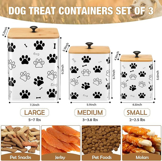 3 Pack Airtight Dog Food Containers with Bamboo Lids, Metal Dog Treat Jars Canisters for Kibble, Biscuits, Snacks, Cookies, Pet Food Storage Set for Kitchen Counter(White)