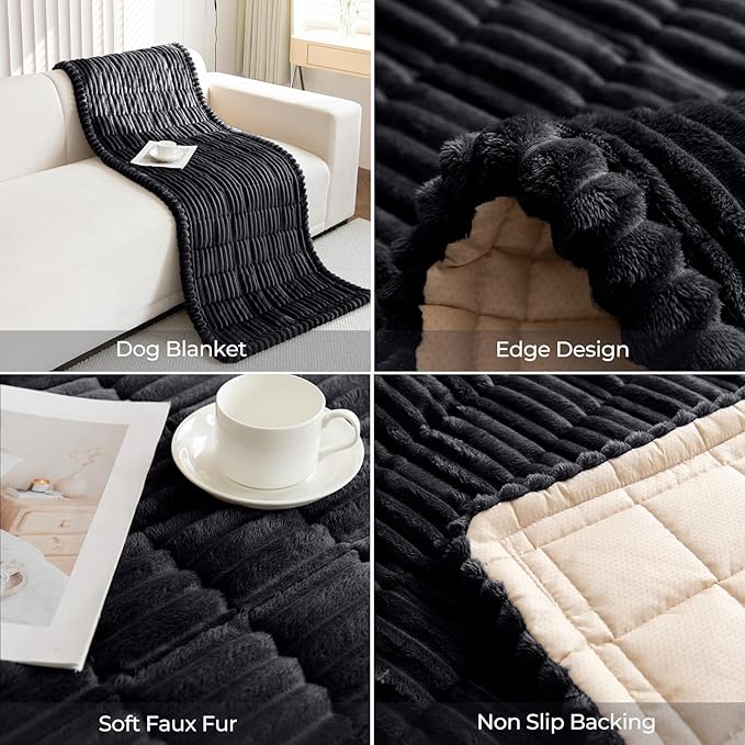 Faux Fur Plush Dog Couch Cover 3D Stripe Fuzzy Sofa Cover Non-Slip Fluffy Dog Bed Cover Pet Blanket Sofa Couch Furniture Protector for Puppy Large Dog Cat (Black,31"x63")