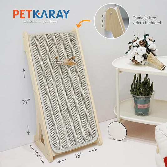 PETKARAY Cat Scratcher, Sisal Scratching Ramp, L Shape Scratch Pad for Indoor Cats, 27" Wall Furniture Protector with Mouse Toy