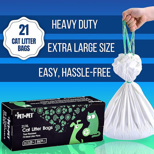 PET N PET Cat Litter Box Liners Bags Extra Large, Heavy Duty Tear Resistant & Drawstring Closure Cat Litter Bags, Waterproof Kitty Box Liners Fits Litterbox Pan Sizes, 34" x 18", 21 Count