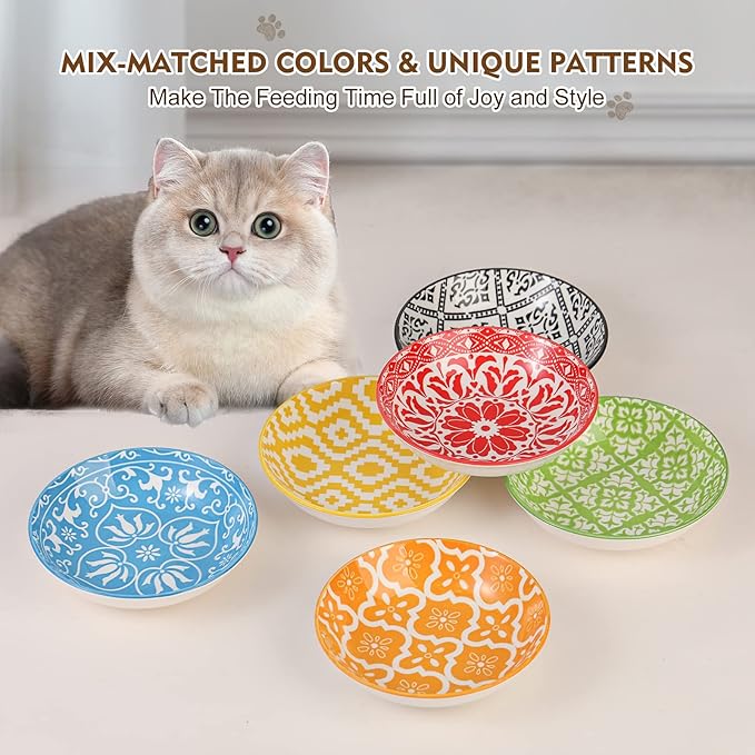 Ceramic Cat Dishes for Food - Colorful Cute Cat Bowl Set of 6 - Wide, Shallow, Whisker Friendly - Microwave and Dishwasher Safe - 8.5 oz - 5.75 inch