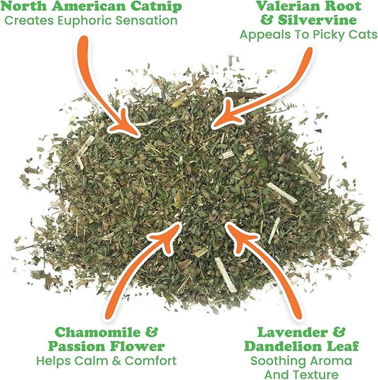 Meowijuana Catnibas Catnip Pawty Mix Jar | Premium Cat Nip for Cats with Silvervine, Passion Flower, Chamomile, Dandelion & Valerian Root | High Potency Catnip | 60g