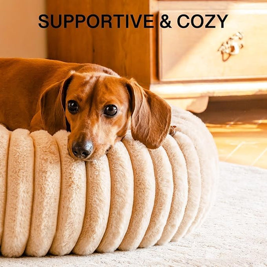 MEWOOFUN Donut Dog Beds for Small Dog, Calming Bed Round Cute Puppy Bed with Non-Slip Bottom, Fluffy Washable Pet Bed for Puppy and Kitten (Light Brown, S (25x25x7))