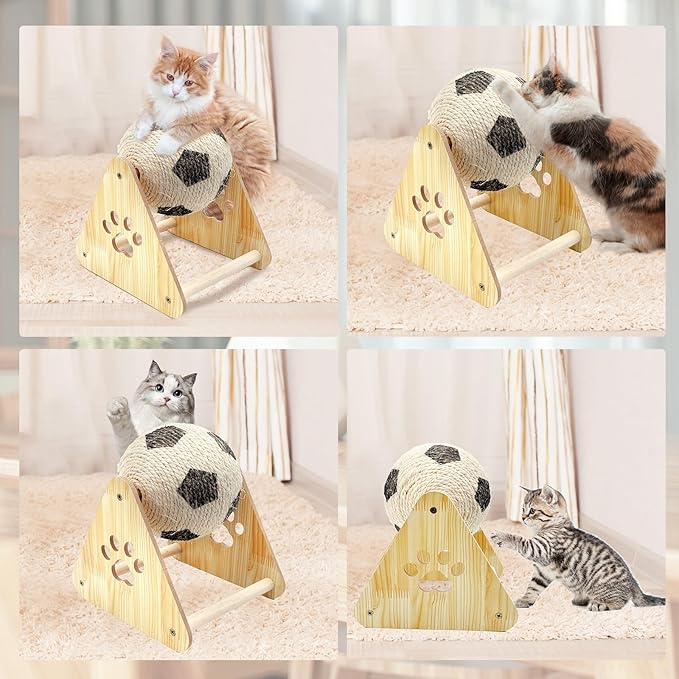 Durable Spinning Cat Ball Interactive Exercise Toy, Natural Sisal Cat Scratching Ball with Stable Stand, Cat Scratcher Toy for Cats & Kittens