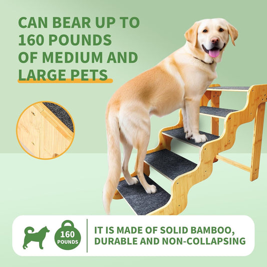 Dog Steps for Bed,24 Inches 5 Step Dog Stairs for Senior Pets to Get On 30 Inches High Beds/Car,Made of Bamboo Can Support Large Dogs Weighing Up to 160 LB