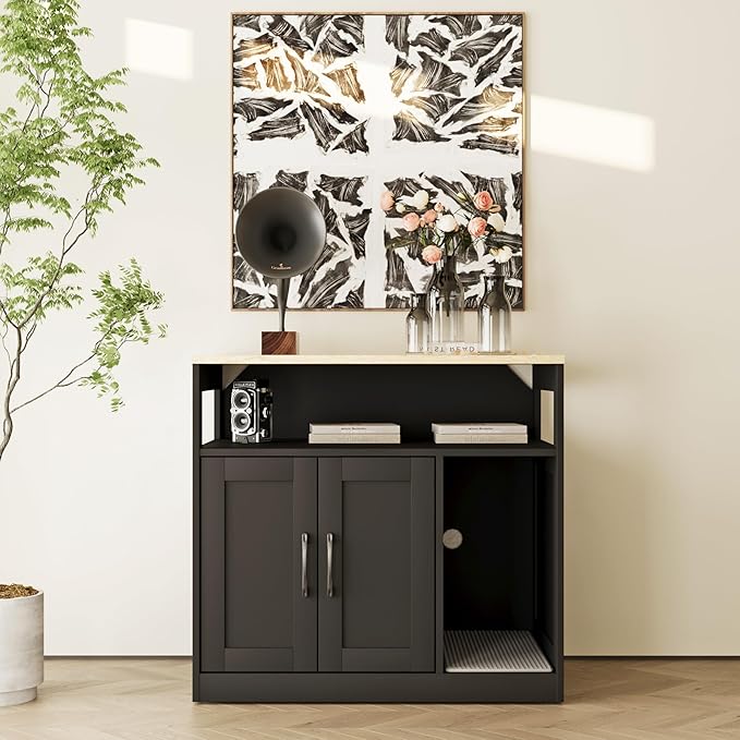 Cat Litter Box Enclosure,2-Tier Hidden Litter Box Furniture with Open Storage Shelf,Wooden Cat Washroom Indoor, Freestanding Cabinet for Living Room,Hallway,Black