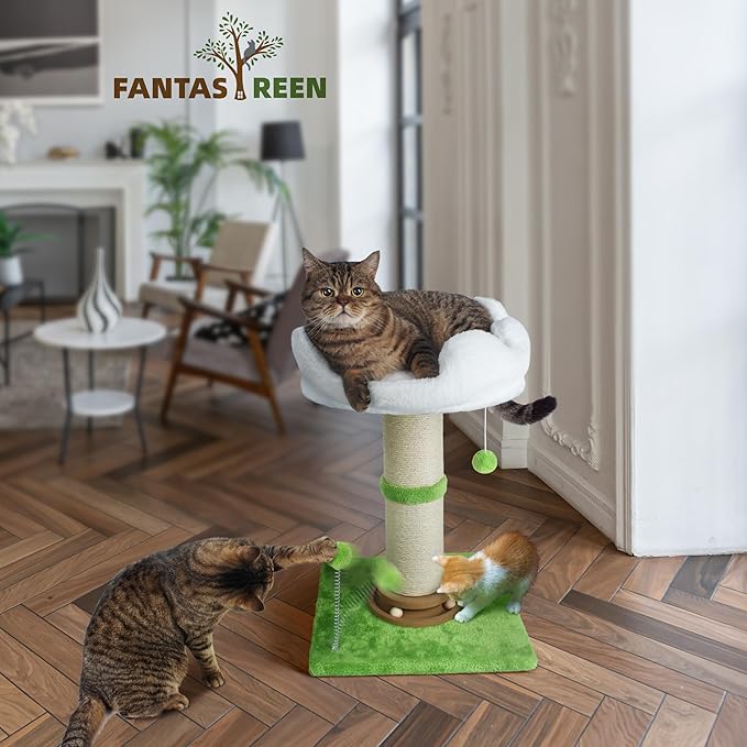 Fantasreen Cat Scratching Post Cat Scratcher Tall Scratching Posts for Indoor Cats with Cat Toy and Interactive Ball Self Groomer for Kittens Adults Cats (White)