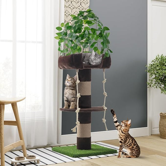 SHA CERLIN 55 Inches Cat Tree Tower with Leaves/Cozy Perches with Scratching Post for Indoor Kittens and Adults Cats/Sisal Rope and Simulated Lawn with Wide Base/Brown & Green