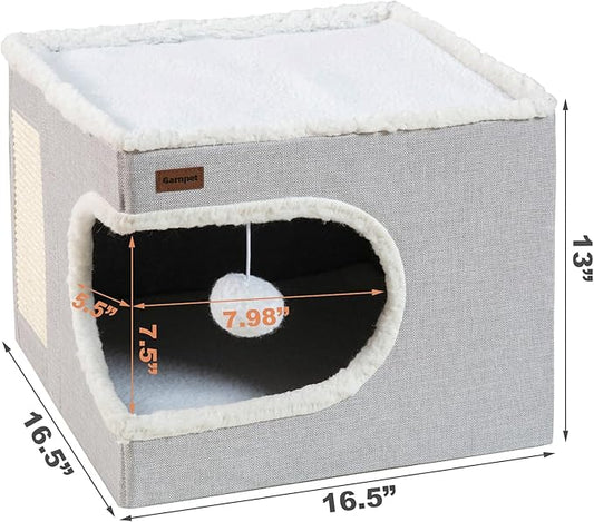 Cat Bed for Indoor Cats Cube House, Covered Cat Cave Beds & Furniture with Scratch Pad and Hideaway Tent, Cute Modern Cat Condo for Multi Small Pet Large Kitten Kitty, Grey