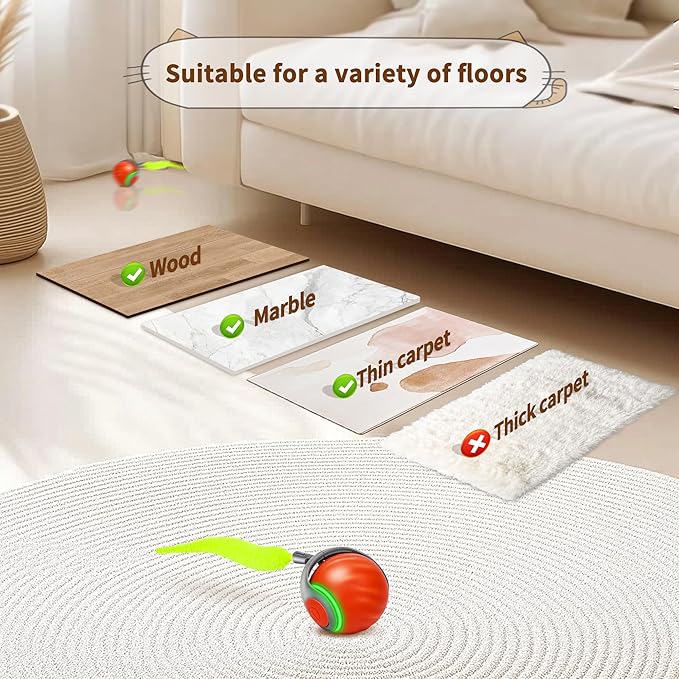 Speedy Tail 2.0 Interactive Cat Toy β Smart Self-Rolling Cat Ball with Feather Tail, Automatic Moving Motorized Toy for Indoor Cats, Chasing & Hunting Fun (Orange)