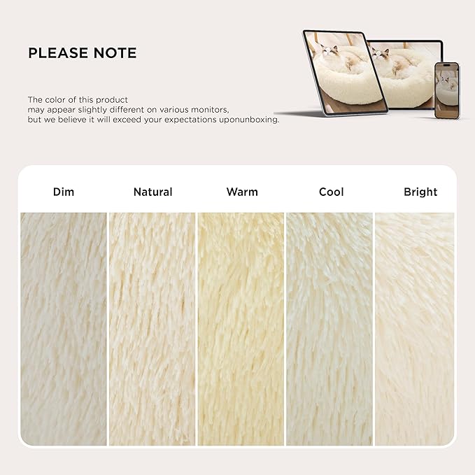 Bedsure Calming Cat Beds for Indoor Cats - Small Cat Bed Washable 20 inches, Anti-Slip Round Fluffy Plush Faux Fur Pet Bed, Fits up to 15 lbs Pets, Cream