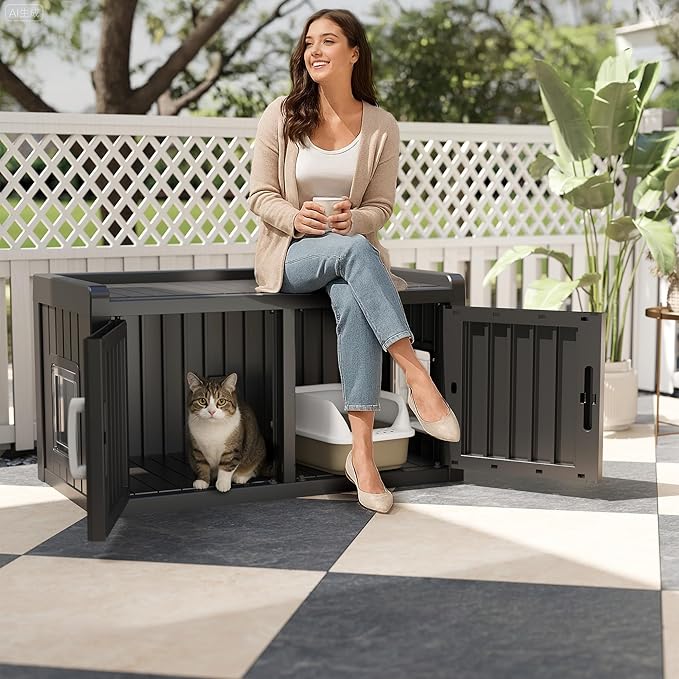 Cat Litter Box Enclosure Resin Hidden Cat Litter Box Furniture Multi-Functional Double Door Spacious Odorless Waterproof UV-Resistant Indoor Outdoor Use Black