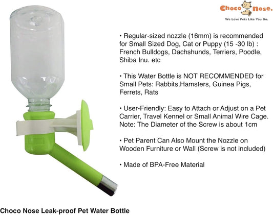 Choco Nose Patented No-Drip Dog Water Bottle/Feeder for Dogs/Cats and Other Small-Medium Sized Animals - for Cages, Crates or Wall Mount. 11.2 Oz. Mess Free Leak-Proof Nozzle 16mm, Apple Green (H590)
