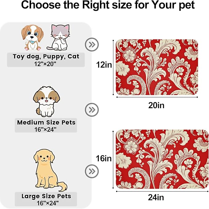 Red White Paisley Dog Food Mat-Absorbent Pet Feeding Mat for Food and Water Bowl, Quick Dry Dog Placemat with Rubber Backing-No Stains Pet Supplies for Messy Drinkers 16"x24"