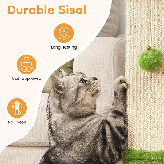 Indoor Cat Scratching Post: 32 in Tall Cat Scratcher with Natural Sisal Rope, Kitty Pet Tower with Sturdy Wood Base and Hanging Ball Toy, Great Gift for Small and Large Kittens, Green