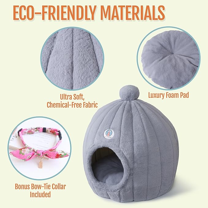 Extra Large Cat Cave Bed for Large Cats & Small Dogs β Plush Dome Hideaway with Removable Cushion β Spacious, Enclosed Cat House (24x23β, Light Gray)