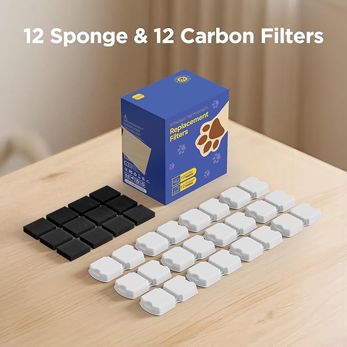 Cat Water Fountain Filter: 24 Cat Fountain Filter Replacement - 24 Pet Fountain Filter - 12 Carbon Filters & 12 Foam Filters - Suitable for GIOTOHUN Stainless Steel Cat Fountain S11