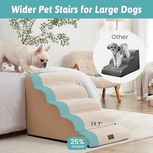Extra Wide Dog Stairs 19.7" Width, Pet Step for Small Medium/Large Dog, Puppy or Cat, Pet Ramp for High Bed or Car, High Density Foam Ladder, Stable, 5 Step, 19.7x33x22.4 in, Beige
