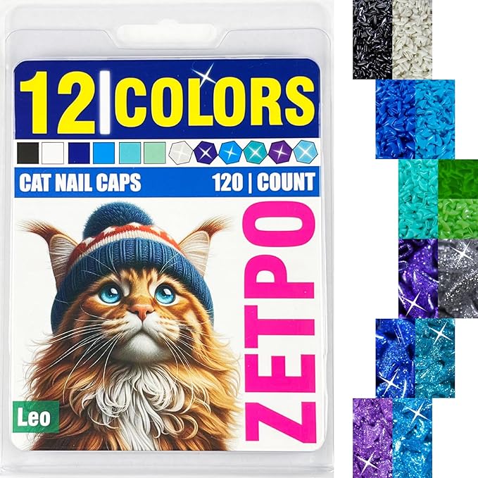 zetpo Cat Nail Caps | Cat Claw Covers | with Adhesives and Applicators (S, 12x Colors/Leo | 120 pcs)
