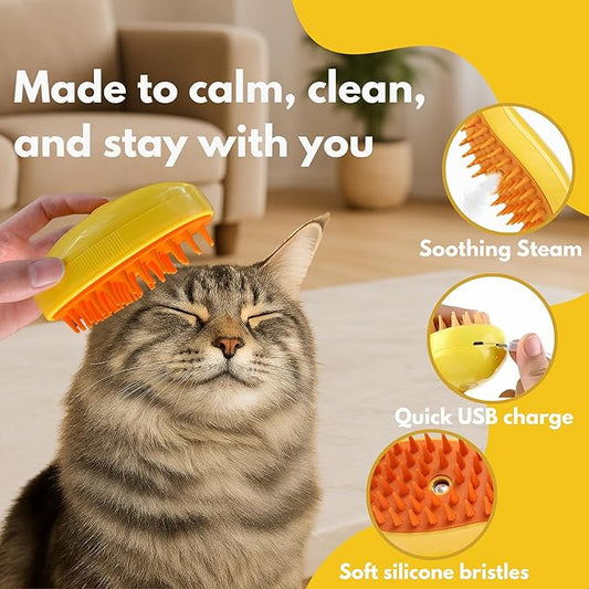 Steam Cat Brush for Indoor Cats – Mist Spray Comb for Shedding & Hair Removal | Silicone Pet Grooming Tool for Long-Haired Cats & Dogs