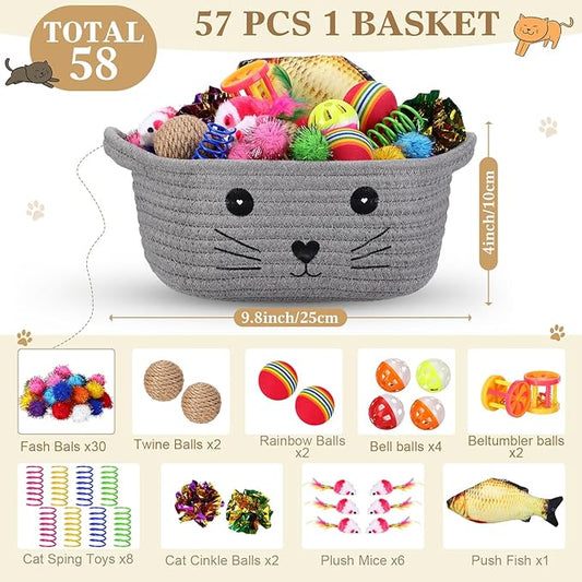 Zopeal 58 Pcs Cat Storage Basket Gift Toys Set, Colorful Flashing Balls Pet Bell Crinkle Balls Spring Toys Attract Cat to Swat, Bite, Hunt, Interactive for Pet(Grey,9.8 Inch)