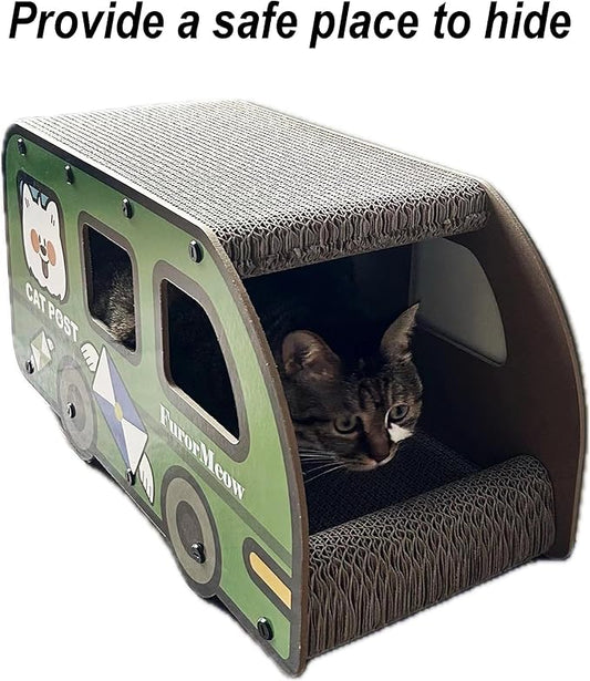 Cat Scratching House, Cat Cardboard House Green Bus, Long Scratching Post, 9x11.8x22 Inches, Fun Cube & Tunnel, Peekaboo Hideaway for Indoor Cats