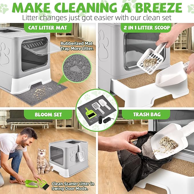 Cat Litter Box with Litter Mat, Foldable Extra Large Free in and Out/One-Way with Lid, Drawer Type Enclosed Kitty Litter Box,Odor Control Anti-Splashing Easy Cleaning (Light Grey)