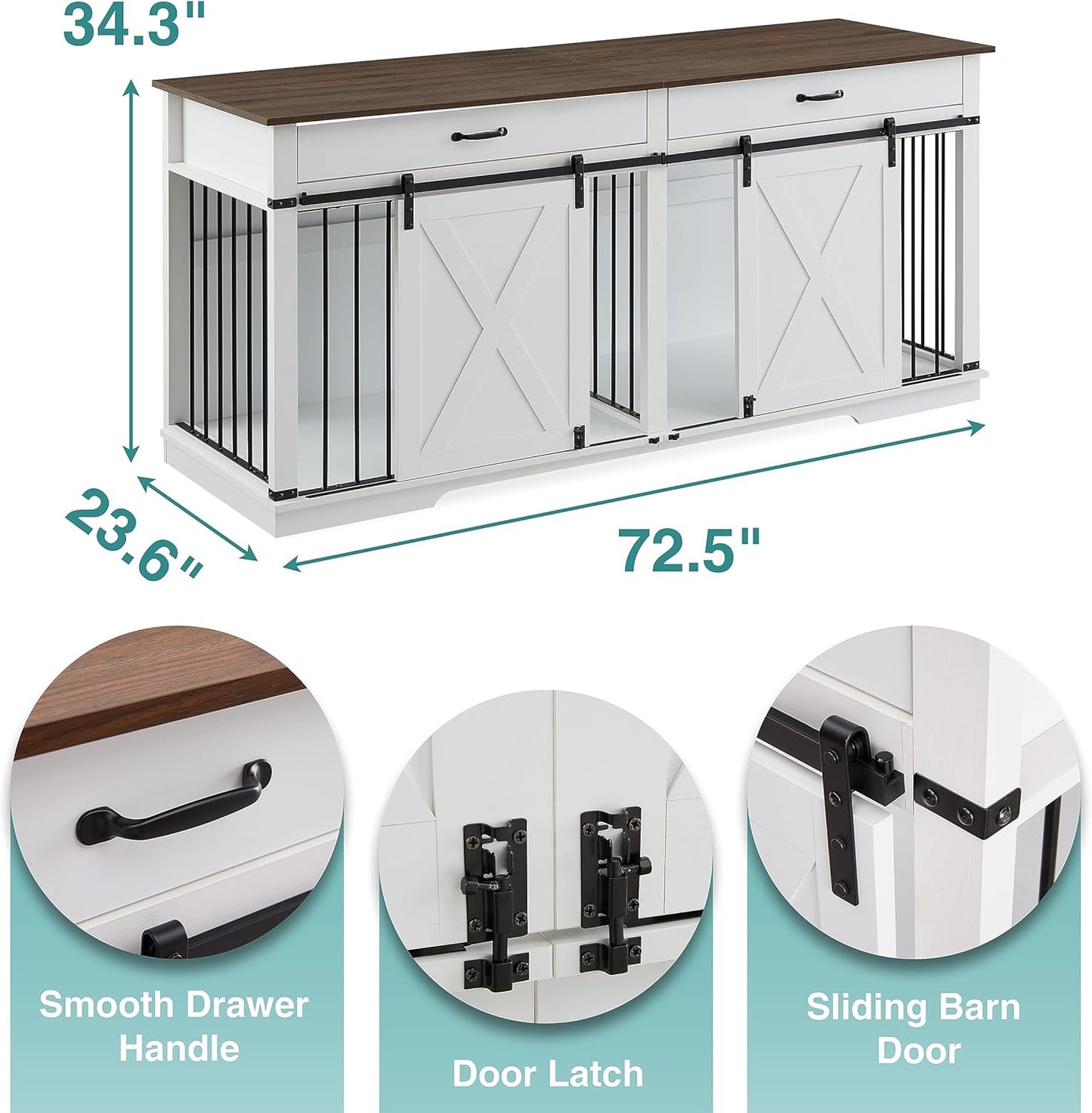 EDYO LIVING 72.5" Large Dog Crate Furniture for 2 Dogs, Wooden Dog Kennel with Drawers, Divider, Sliding Barn Door, Water Resistant Indoor Furniture Style Double Dog Crates, White
