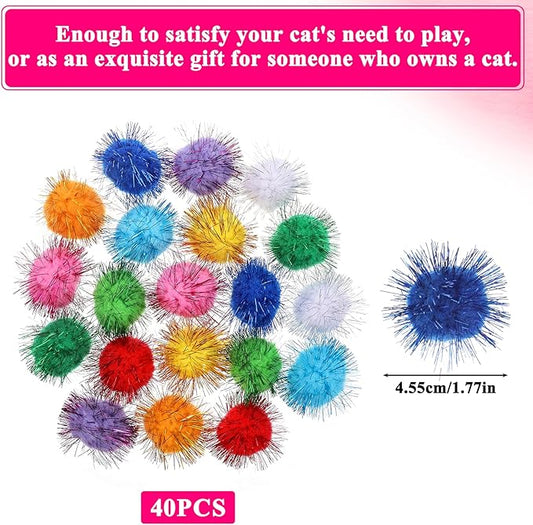 40 Pcs Pom Pom Balls for Kittens Colorful Pompom Balls for Cats Sparkle Ball for Cats Interactive Cat Toy Set for Exercise and Entertainment