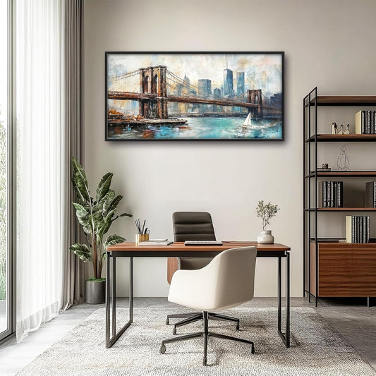 Extra Large Framed Brooklyn Bridge Wall Art,New York City Wall Decor,Abstract Skyline Cityscape Pictures for Living Room,Canvas Print Painting Modern Artwork Bedroom Office Bathroom 60L x30W