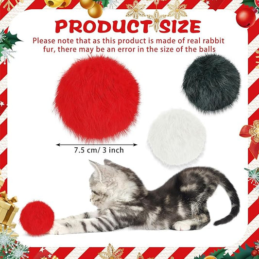 LEIFIDE 12 Pieces Real Rabbit Fur Pom Pom Kitty Cat Toy Fluffy Cat Balls Soft Fuzzy Balls for Kitty Pets Kitten Chase Quiet Play, 3 Inches in Diameter(Red,White,Green)