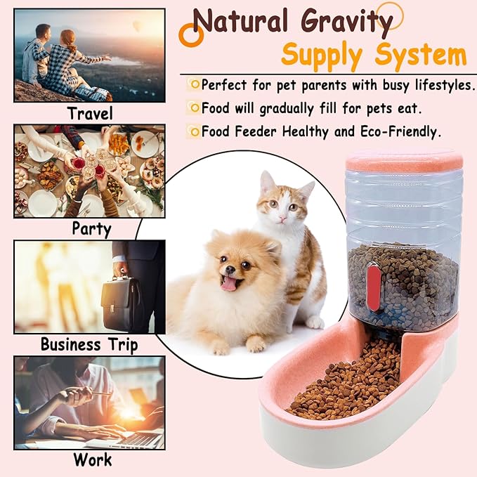 kathson Automatic Cat Feeder 1 Gallon Gravity Dog Food Dispenser Large Capacity Self Feeding Pet Food Bowl for Puppy Kitten Rabbit Pink