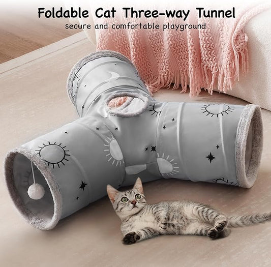 Tempcore Pet Cat Tunnel Tube Cat Toys 3 Way Collapsible, Cat Tunnels for Indoor Cats Fleece-Lined in for Warmth,Kitty Tunnel Bored Pet Toys Peek Hole Toy Ball Puppy, Kitten, Rabbit Gray Sun