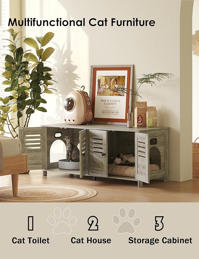 DINZI LVJ Litter Box Enclosure for 2 Cats, Hidden Litter Box Furniture with Double Rooms, Dual Cat Litter House, Front Doors, 47.2" Wooden Hidden Cat Washroom, Side End Table, TV Stand, Gray Wash
