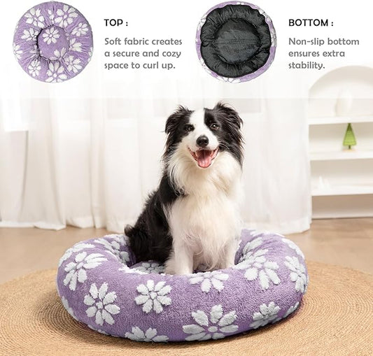 Donut Dog Beds for Medium Dogs, Calming Round Cat Beds for Indoor Cats, Cute 3D Textured Flower Pet Bed with Removable Washable Cover and Anti-Slip Bottom(Purple,30")