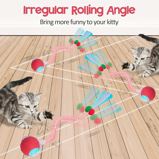 Interactive Cat Toys Ball for Indoor Cats, 2025 New Generation Automatic Moving Ball Toy with Elastic Mesh Tail, Chirping & Obstacle Avoidance and Motion Activated, Red【Rechargeable】