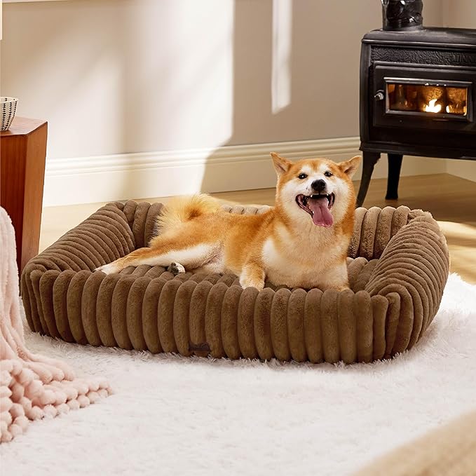 Bedsure Washable Dog Bed for Medium Dogs - Cute Furry Puppy Beds, Rectangle Orthopedic Corduroy Fleece Pet Beds with Removable Zipper Cover, 30x24x8inches, Copper Brown