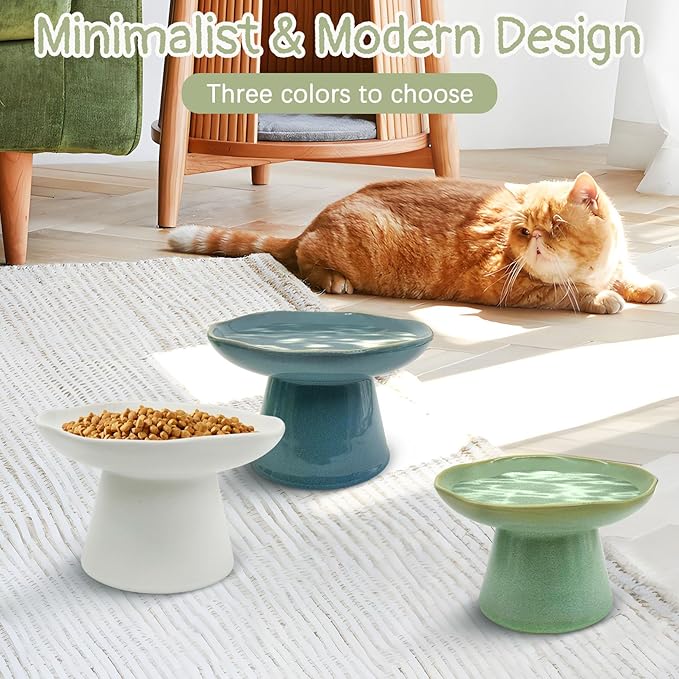VCEPJH Raised Cat Food Bowls Shallow Cat Plate Ceramic Elevated Cats Dish 6.1in Flat Anti Whisker Fatigue Wide Pet Food & Water Feeder for Indoor Kitty Kitten (Blue)