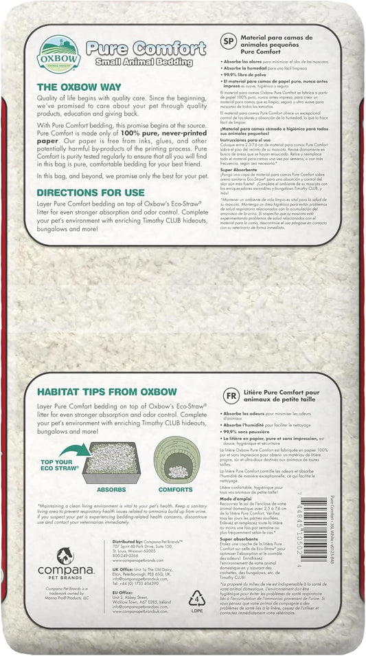 Oxbow Pure Comfort Small Animal Bedding, Odor & Moisture Absorbent Litter for Bunny Litter Box, Low Dust Bedding for Guinea Pig Cage, White Paper, 36 Liter Bag