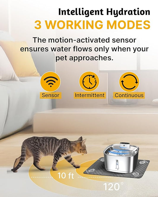 Wireless Cat Water Fountain, 3.2L/108oz Battery Operated Pet Fountain Stainless Steel, Automatic Cat Drinking Fountain Cordless & Rechargeable with Motion Sensor, 2 Filters and 1 mat
