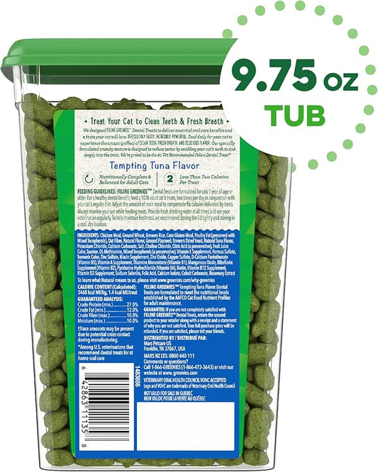 Greenies Feline Adult Dental Cat Treats, Tempting Tuna Flavor, 9.75 oz. Tub