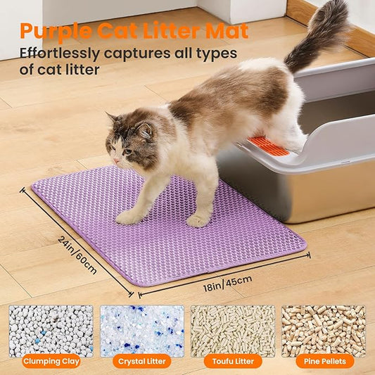 Cat Litter Mat, 24x18 Inches Large Double Layer Honeycomb Cat Litter Trapping Mat, Non Slip Waterproof Urine Proof Cat Litter Box Mat for Floor, Kitty Litter Rug, Cat Supplies, Purple