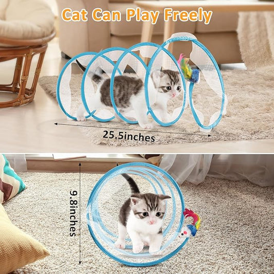 2-Piece Spiral Cat Tubes for Indoor Cats, Large Collapsible Tunnel with Feather Mouse Interactive Toy (Green + Blue)